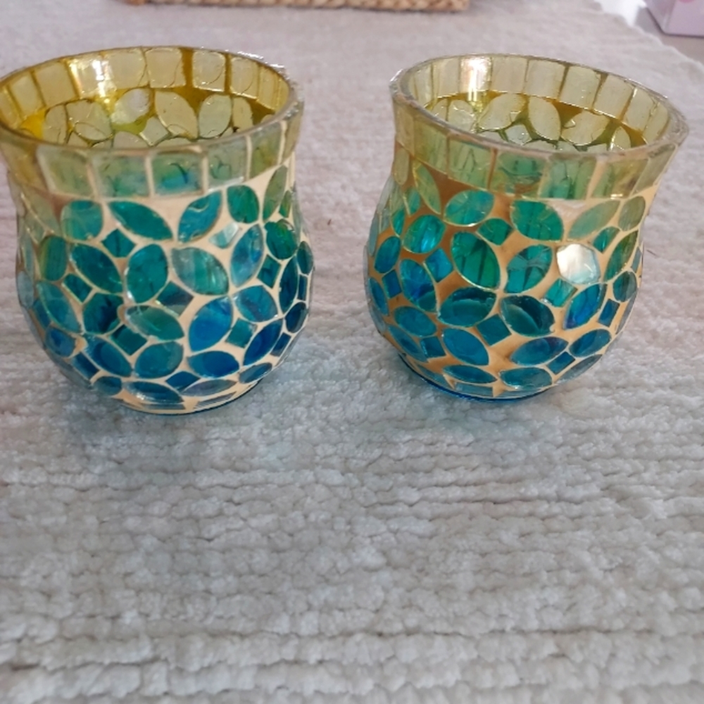 Ombre Blue, Green & Gold Mosiac Glass Votive Pair